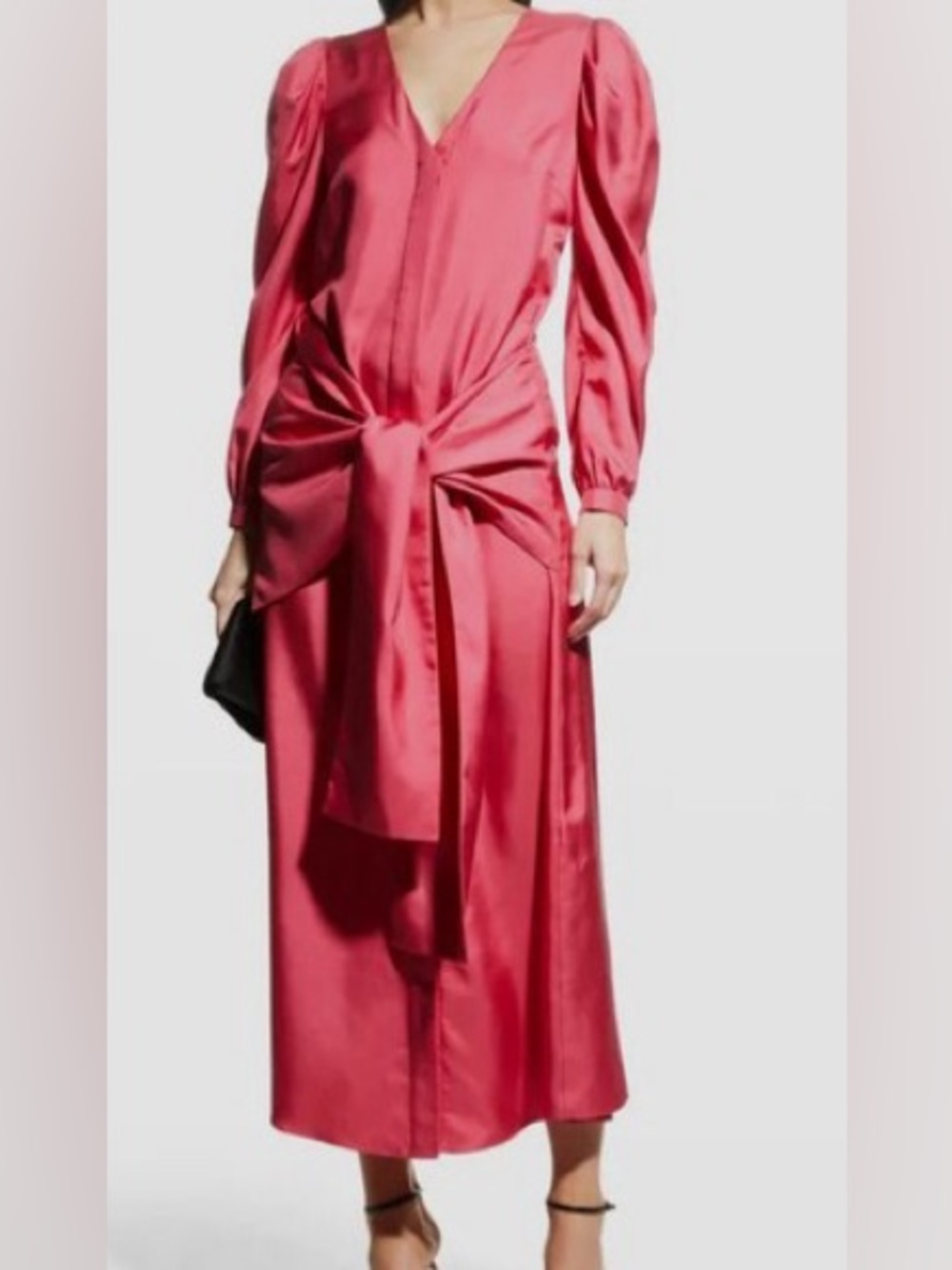 Elegant Pink Satin V-Neck Midi Dress with Front Knot
